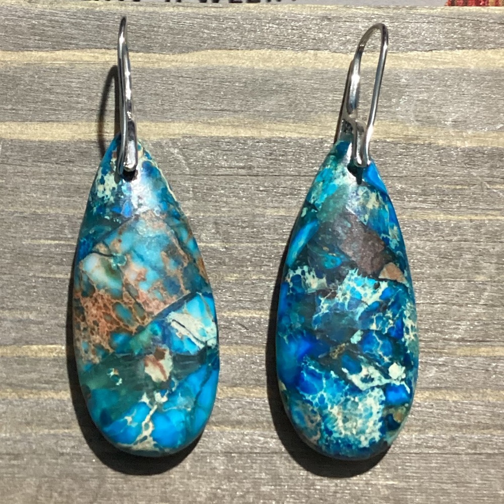 🌼 Blue &Teal  Natural Sea Jasper Stone Drop Earrings with Silver